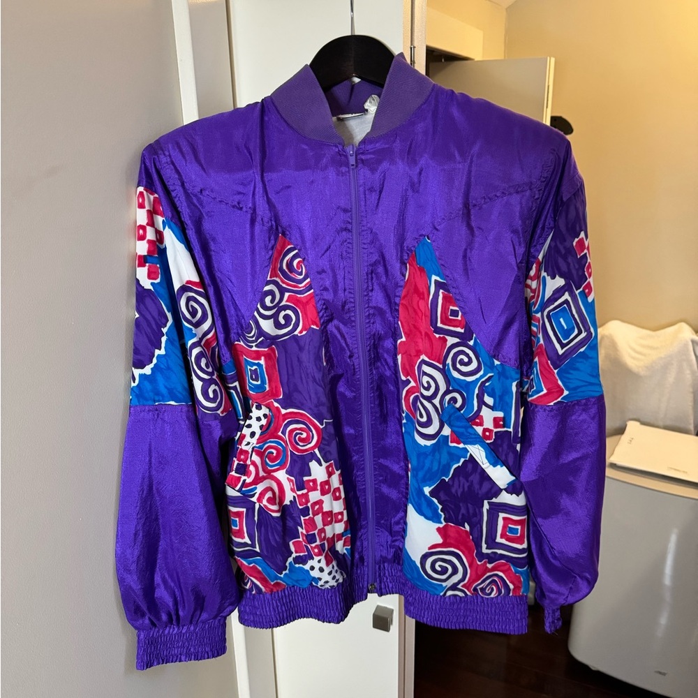 🟢VINTAGE 80s/90s TANJAY Vibrant Purple lined Patterned Jacket size XS🟢